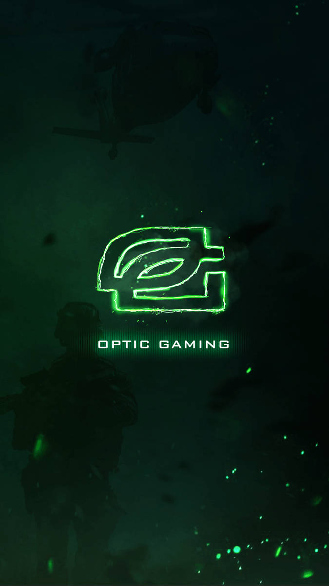 手機 桌布 壁紙 — 一個發光的綠色Optic Gaming標誌在黑暗背景下閃耀，背景有士兵和直升機的剪影。