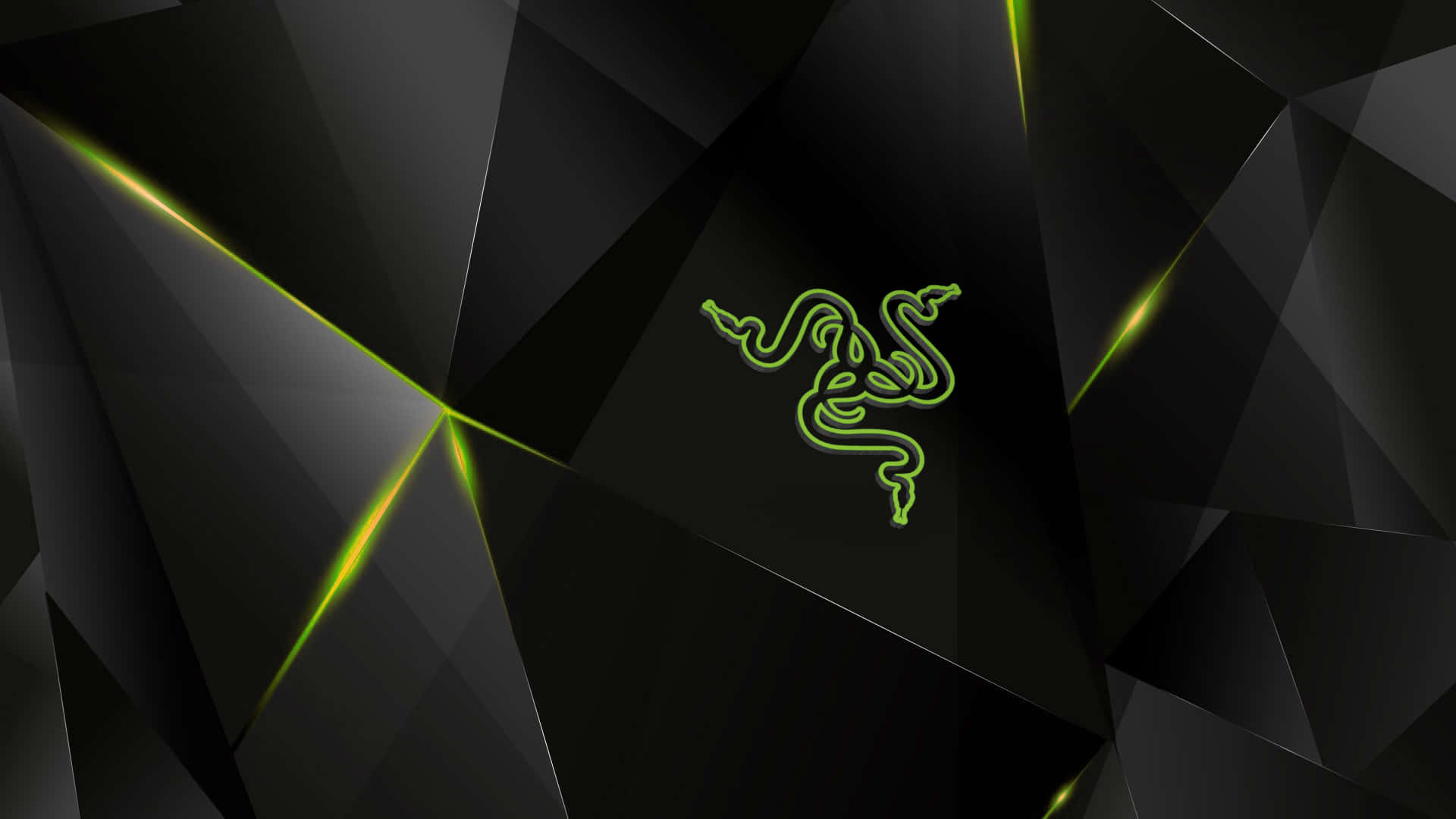 Razer標誌發光綠色，襯以黑色幾何背景及光條。 — 雷蛇 GIF 壁紙