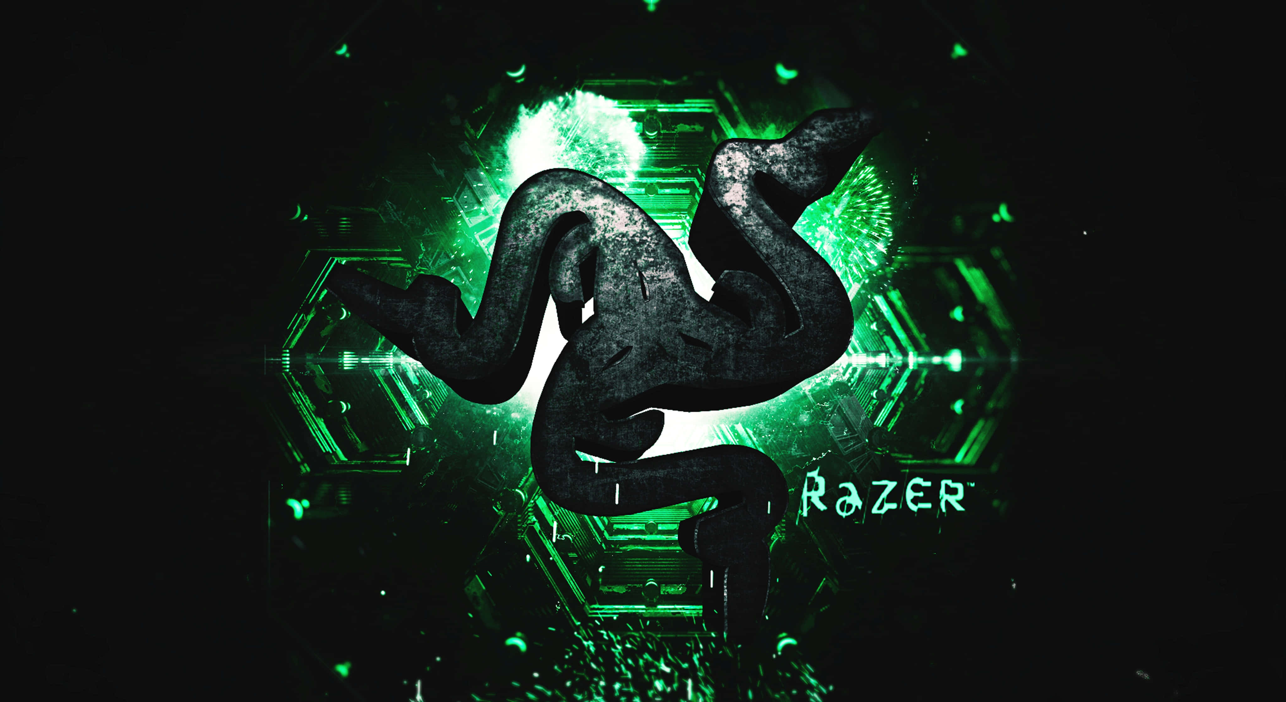 雷蛇 桌布 壁紙 — 一個發光的綠色Razer標誌從黑暗的六邊形數位隧道中出現，帶有粒子效果。
