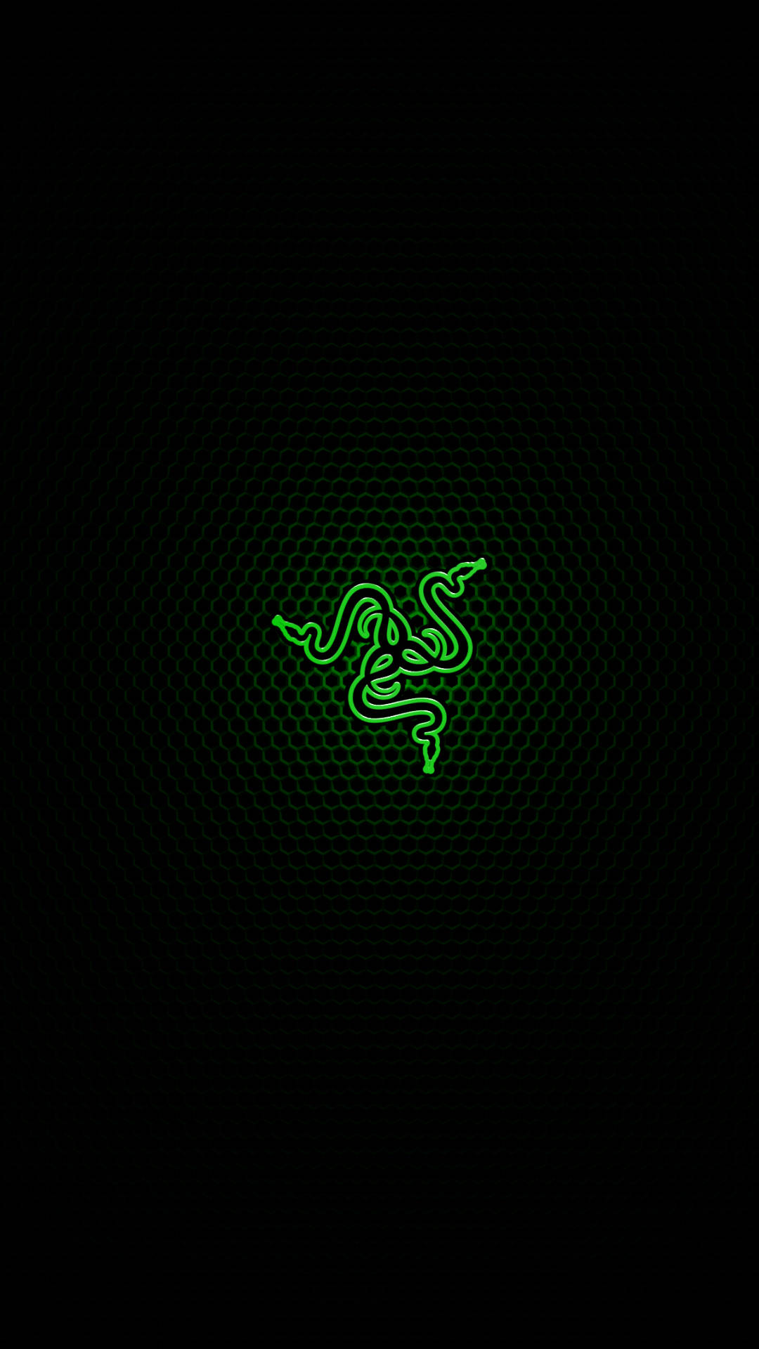 雷蛇 桌布 壁紙 — 一個發光的綠色Razer標誌置於深色六角形圖案背景中央。