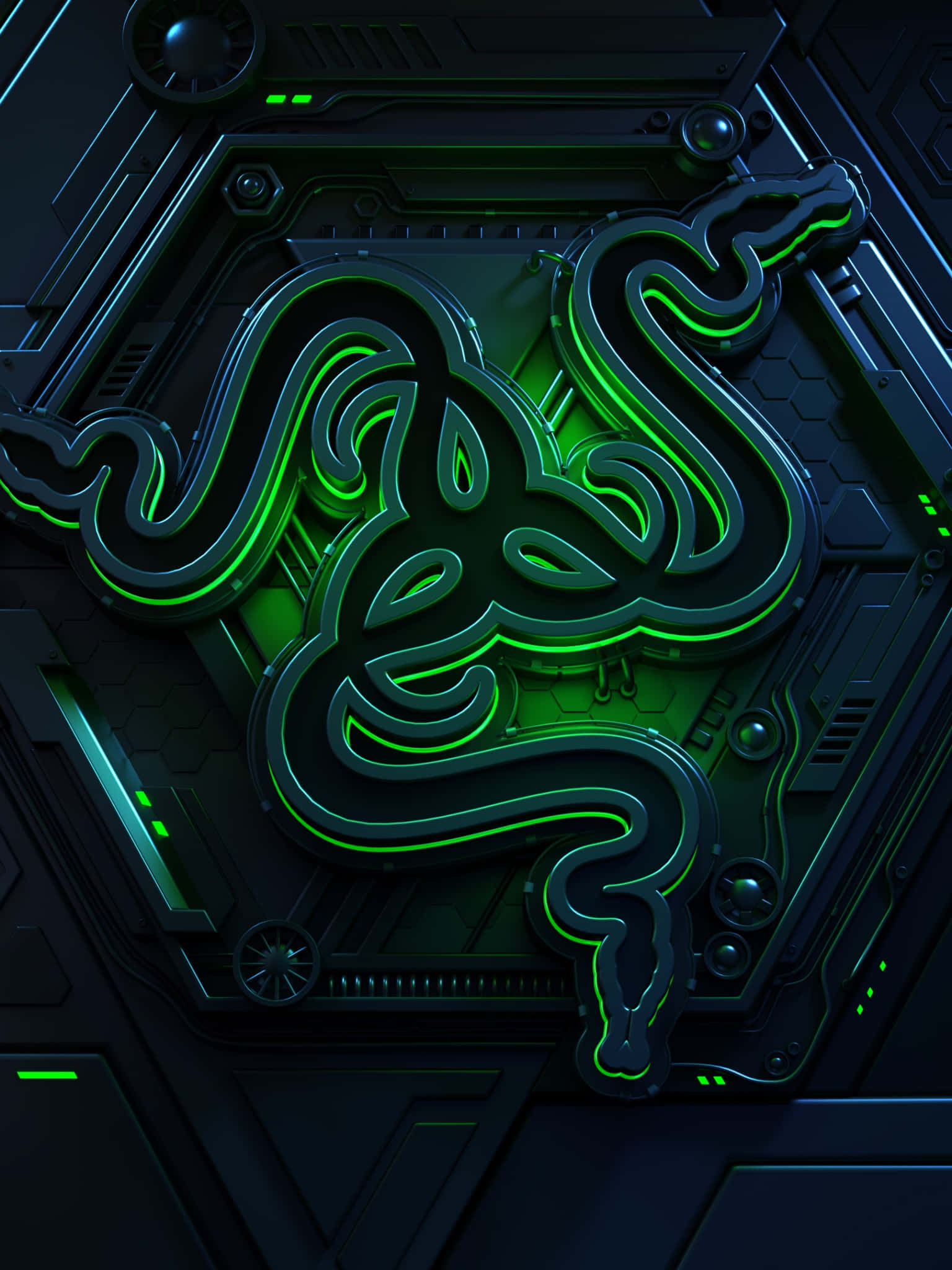 Green Technology 桌布 壁紙 — 一個發光的綠色Razer標誌蜿蜒穿過帶有霓虹燈點綴和六角形紋理的黑暗未來科技面板。