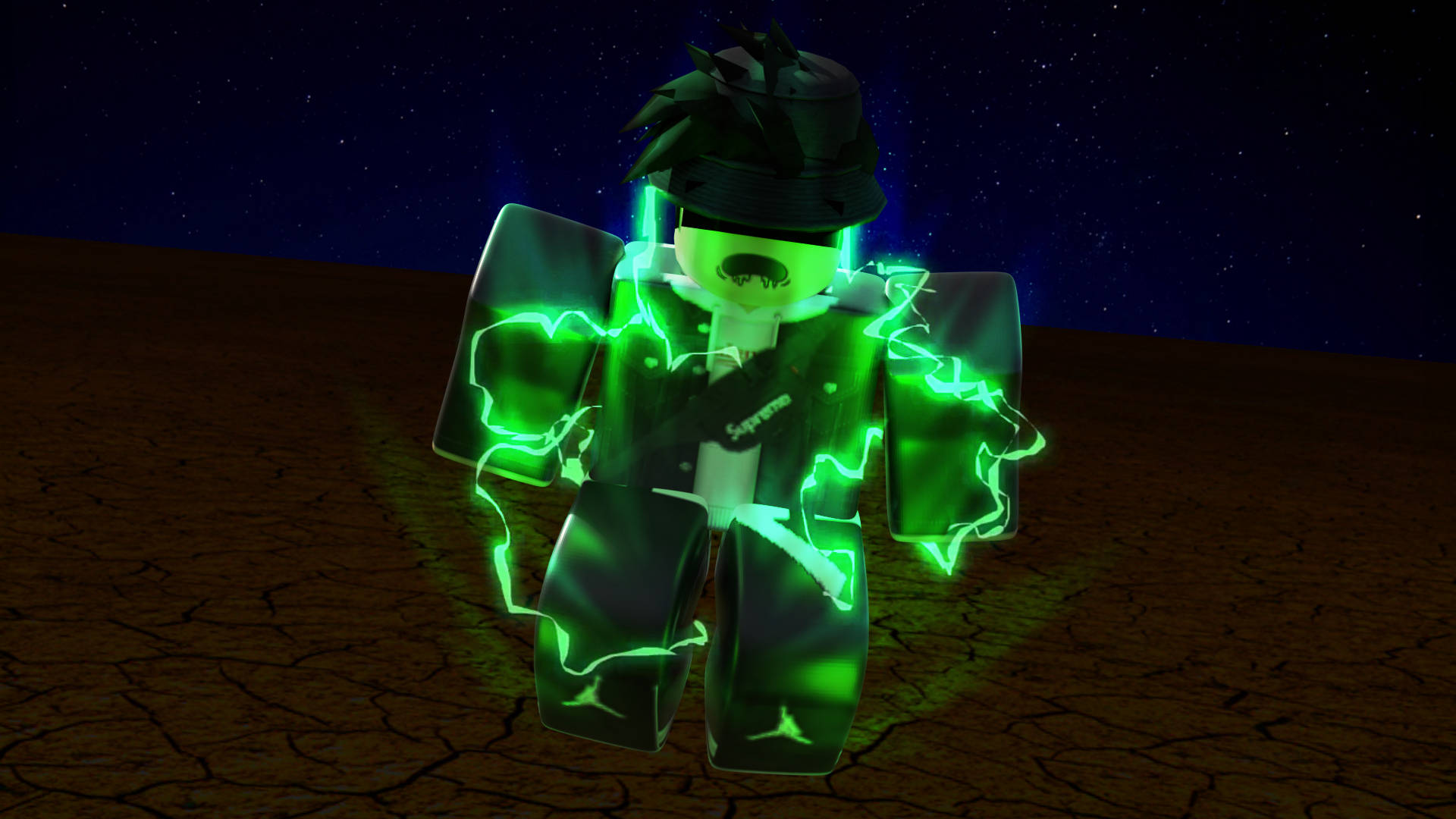 Cool Roblox 桌布 壁紙 — 一個發光的綠色Roblox角色帶有閃電效果，站在星空下龜裂的地面上。