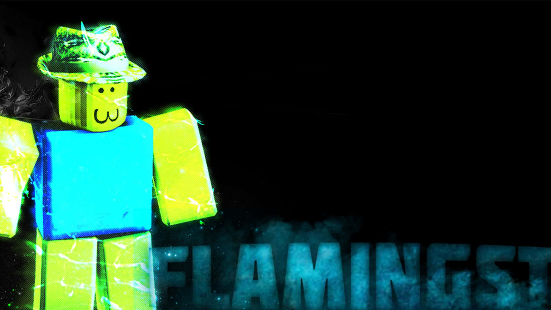桌布 壁紙 — 一個發光的綠色Roblox頭像，穿著藍色上衣和帽子，站在深色背景前，背景中有藍色煙霧組成的文字FLAMINGST。