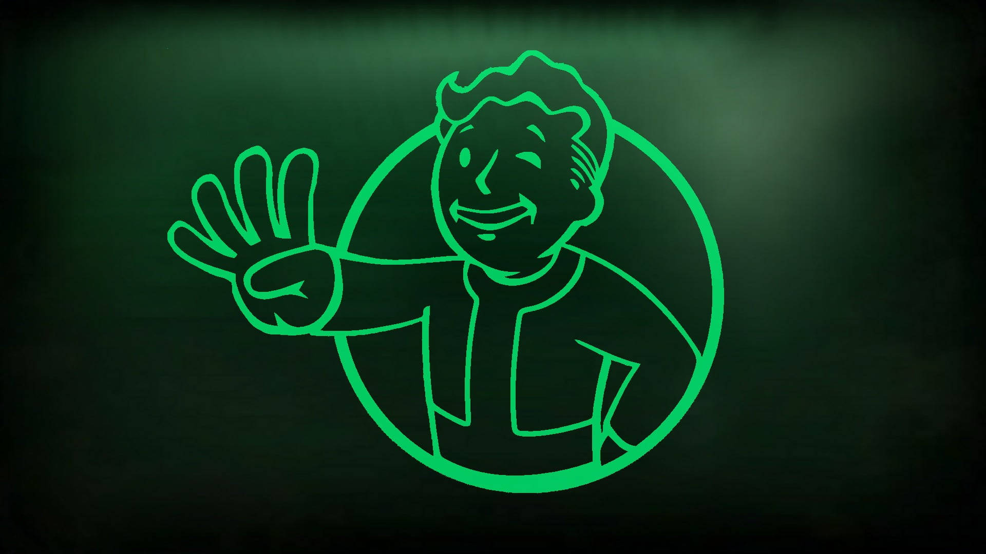 黑色 桌布 壁紙 — 一個發光的綠色Vault Boy吉祥物在深色漸層背景上愉快地揮手。