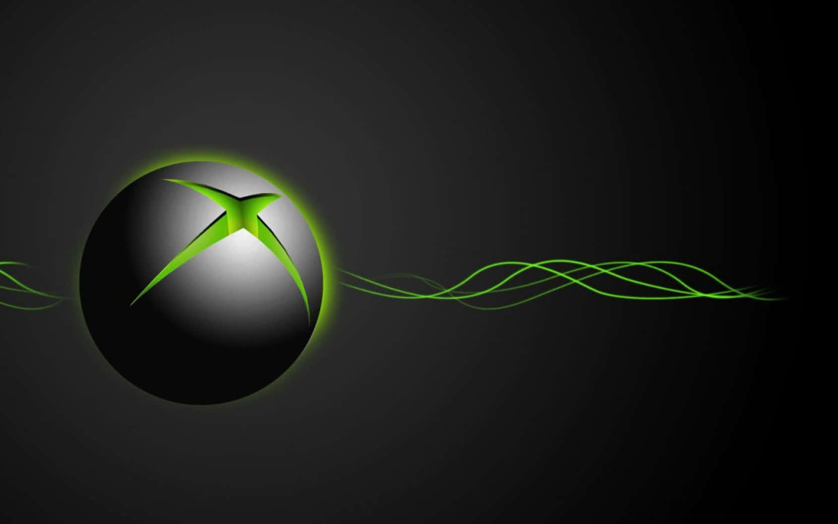 Xbox 桌布 壁紙 — 一個發光的綠色Xbox標誌在一個黑暗的球體上，帶有螢光綠色的能量軌跡在黑色背景上流動。