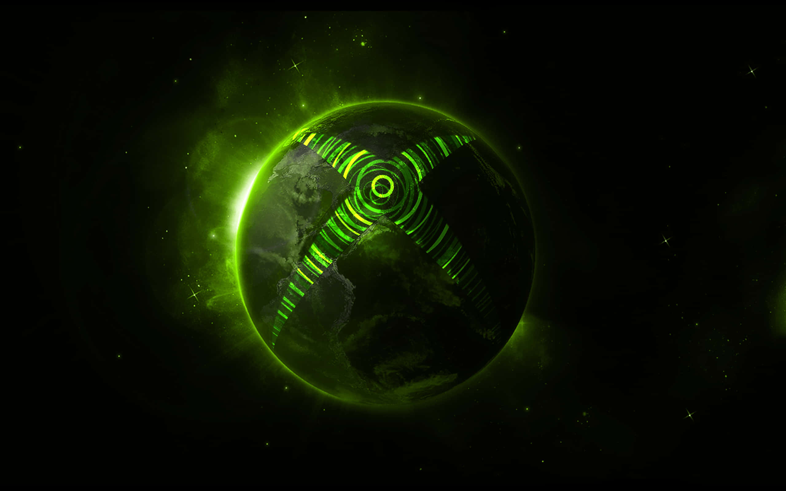 Xbox 桌布 壁紙 — 一個發光的綠色Xbox標誌在深空中一顆被星星環繞的行星上脈動。