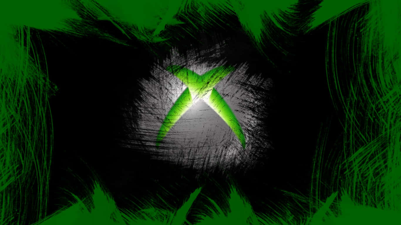 桌布 壁紙 — 一個發光的綠色Xbox標誌從黑暗中心散發出來，周圍環繞著充滿活力的綠色和黑色的動態筆觸紋理。