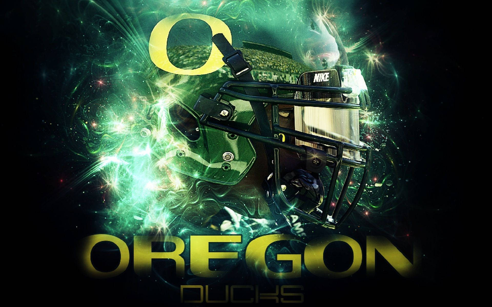 Oregon 桌布 壁紙 — 一個發光的綠色俄勒岡鴨子美式足球頭盔，被宇宙能量和星星環繞，背景為深色。