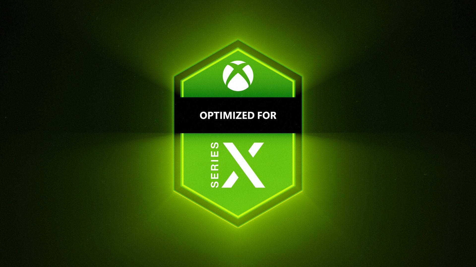 X 桌布 壁紙 — 一個發光的綠色六邊形Xbox Series X最佳化徽章在深色背景下散發光芒。