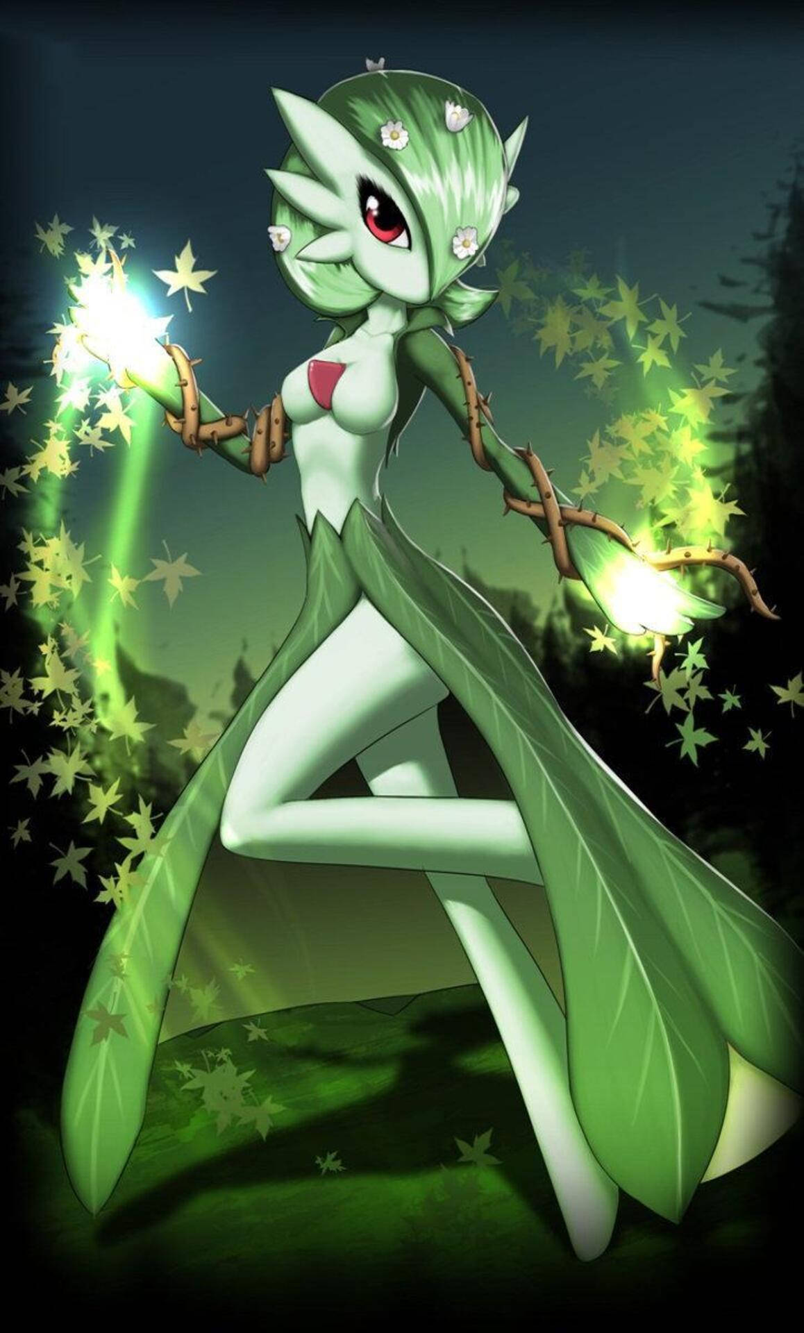 Gardevoir 桌布 壁紙 — 一個發光的綠色動漫女孩，擁有葉狀四肢和紅色眼睛，在黑暗的森林中揮舞著神奇的星光。