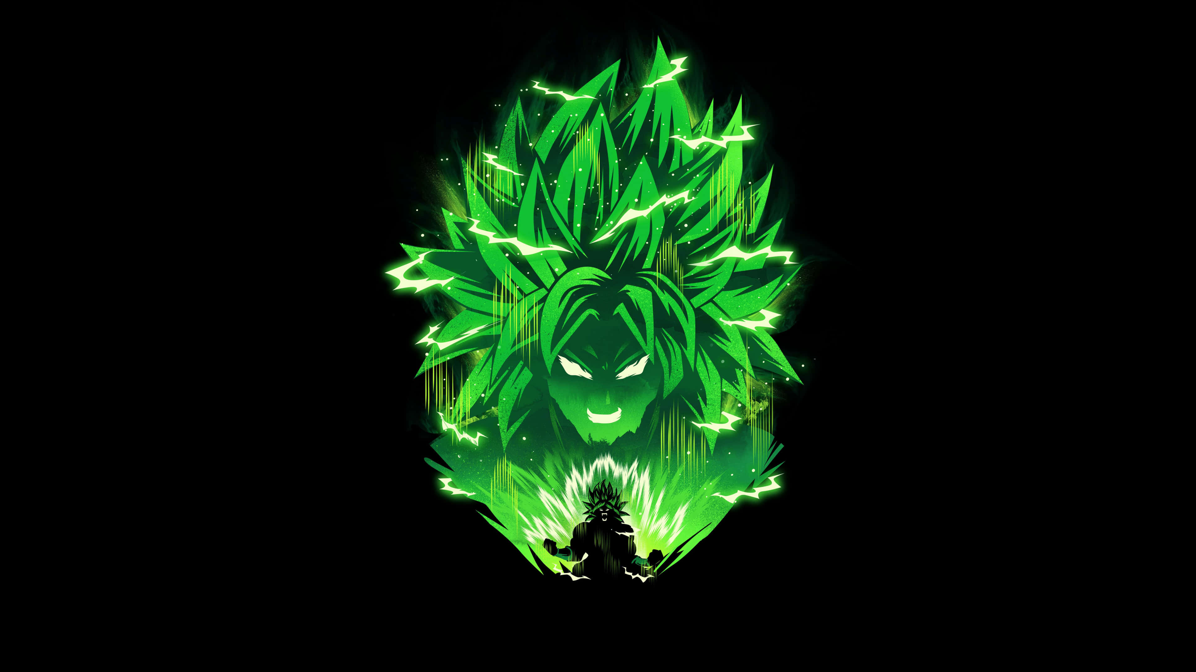 桌布 壁紙 — 一個發光的綠色動漫角色，有著尖刺頭髮和兇猛的眼睛，在黑色背景前散發能量。