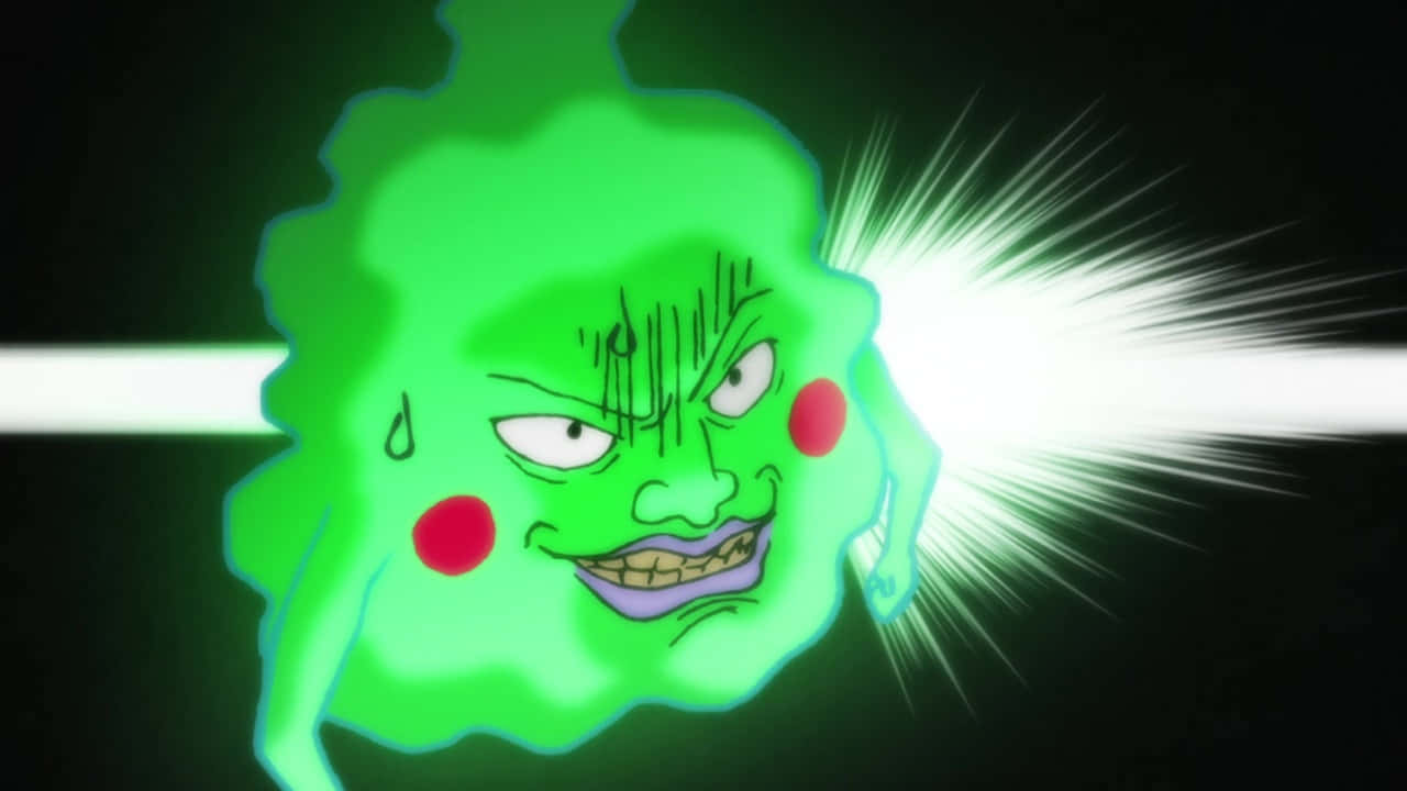 Mob Psycho 100 Ekubo 桌布 壁紙 — 一個發光的綠色動漫鬼魂，帶有憤怒的眼睛和紅色臉頰，在黑色背景前從口中發射出一道明亮的白色光束。