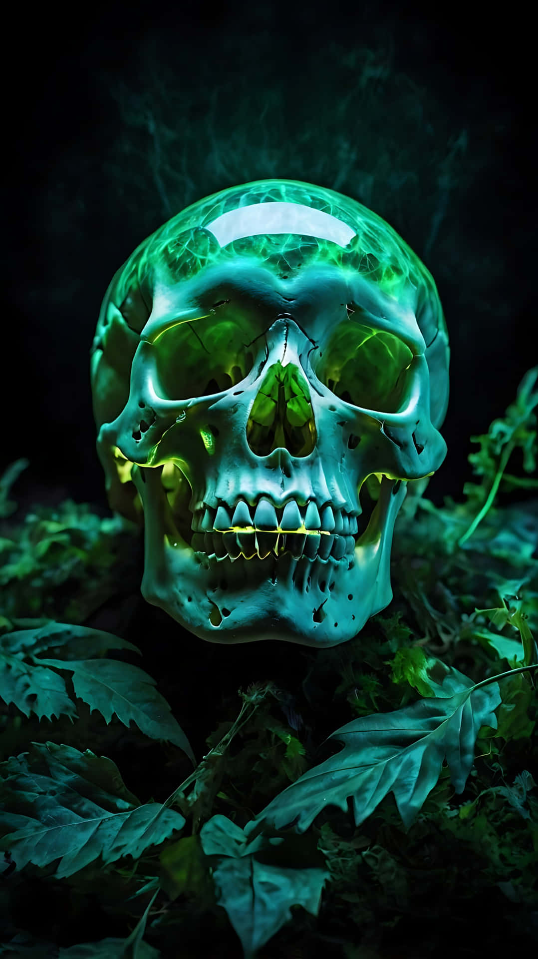 Spectral Skull Illuminated by Phantom Light. skull wallpaper 壁紙 — 一個發光的綠色半透明頭骨，表面有裂紋，躺在黑色背景的深色樹葉中。