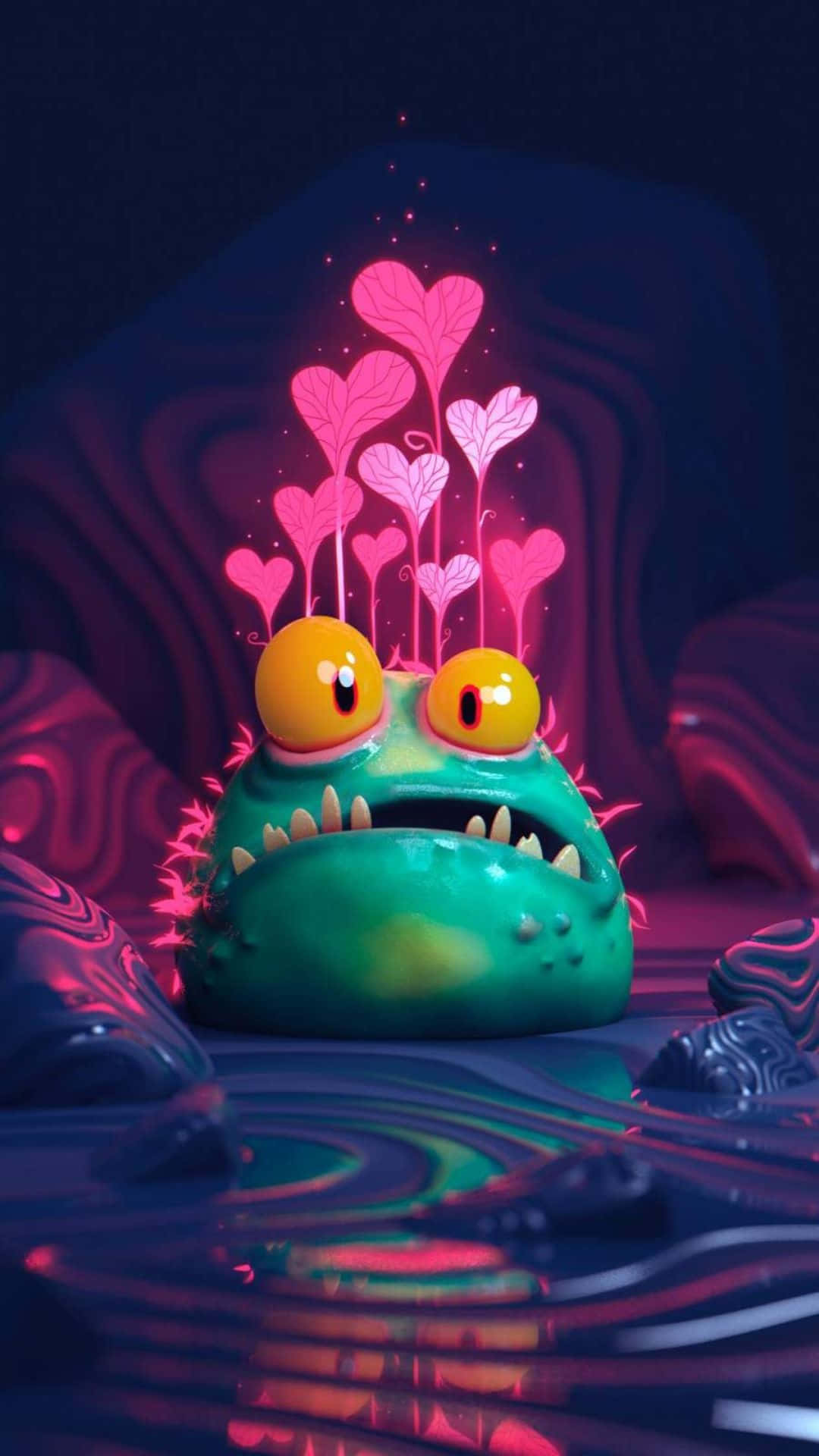 Kawaii Monster 桌布 壁紙 — 一個發光的綠色卡通怪物，有黃色眼睛和粉紅色心形植物，從黑暗超現實環境中的霓虹液體池中萌芽。