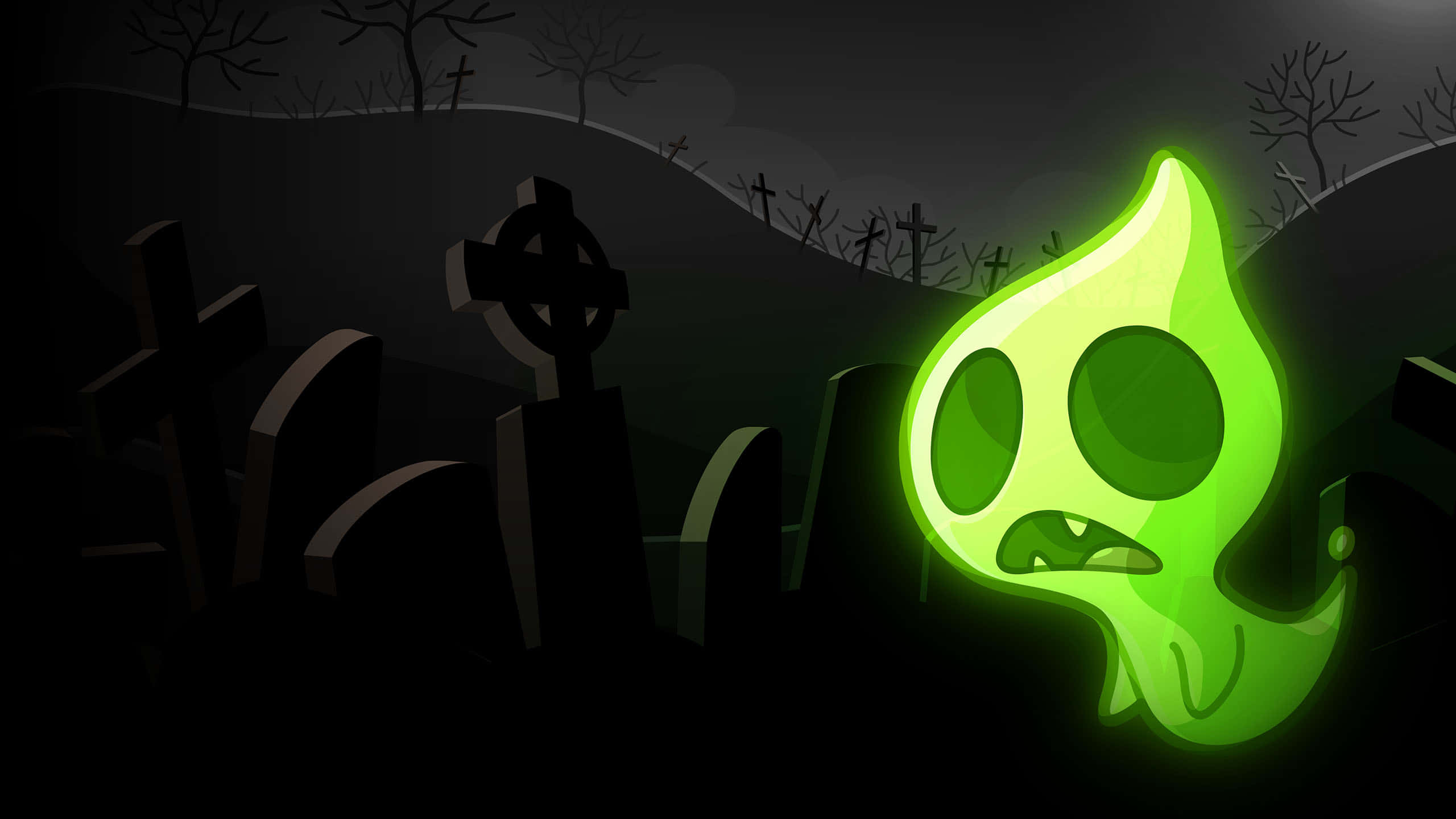 Spooky Halloween 桌布 壁紙 — 一個發光的綠色卡通鬼魂帶著驚恐的表情在夜晚的陰森墓地中漂浮在黑暗的墓碑之間。
