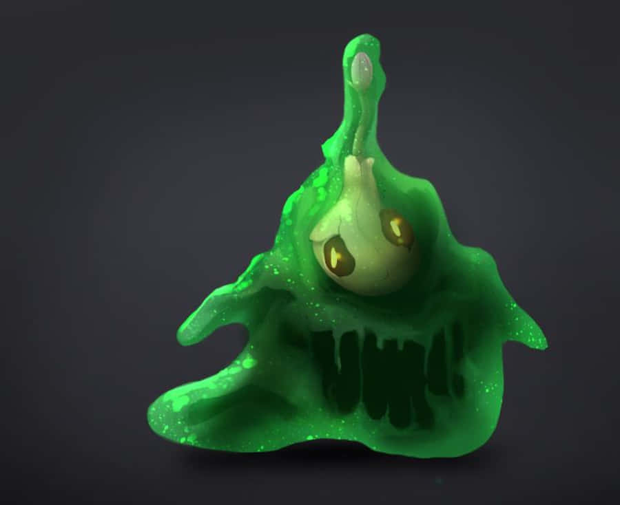 Halloween Slime 桌布 壁紙 — 一個發光的綠色史萊姆生物，擁有金色眼睛和一個滴著口水的尖叫臉形嘴巴。