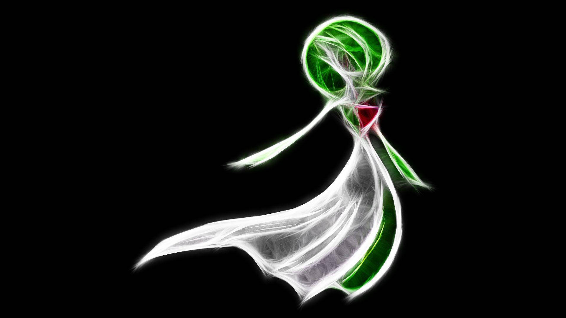 Gardevoir 桌布 壁紙 — 一個發光的綠色和白色抽象人形圖案，帶有流動線條，背景為黑色。