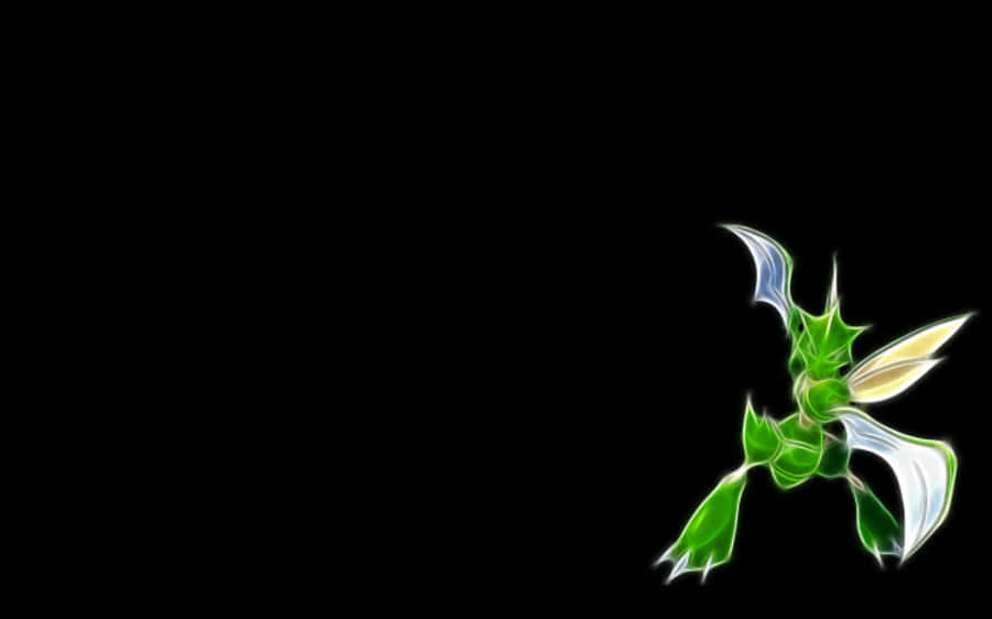 Scyther 桌布 壁紙 — 一個發光的綠色和白色風格化昆蟲狀生物，帶有鋒利的翅膀和葉狀肢體，漂浮在純黑色背景上。