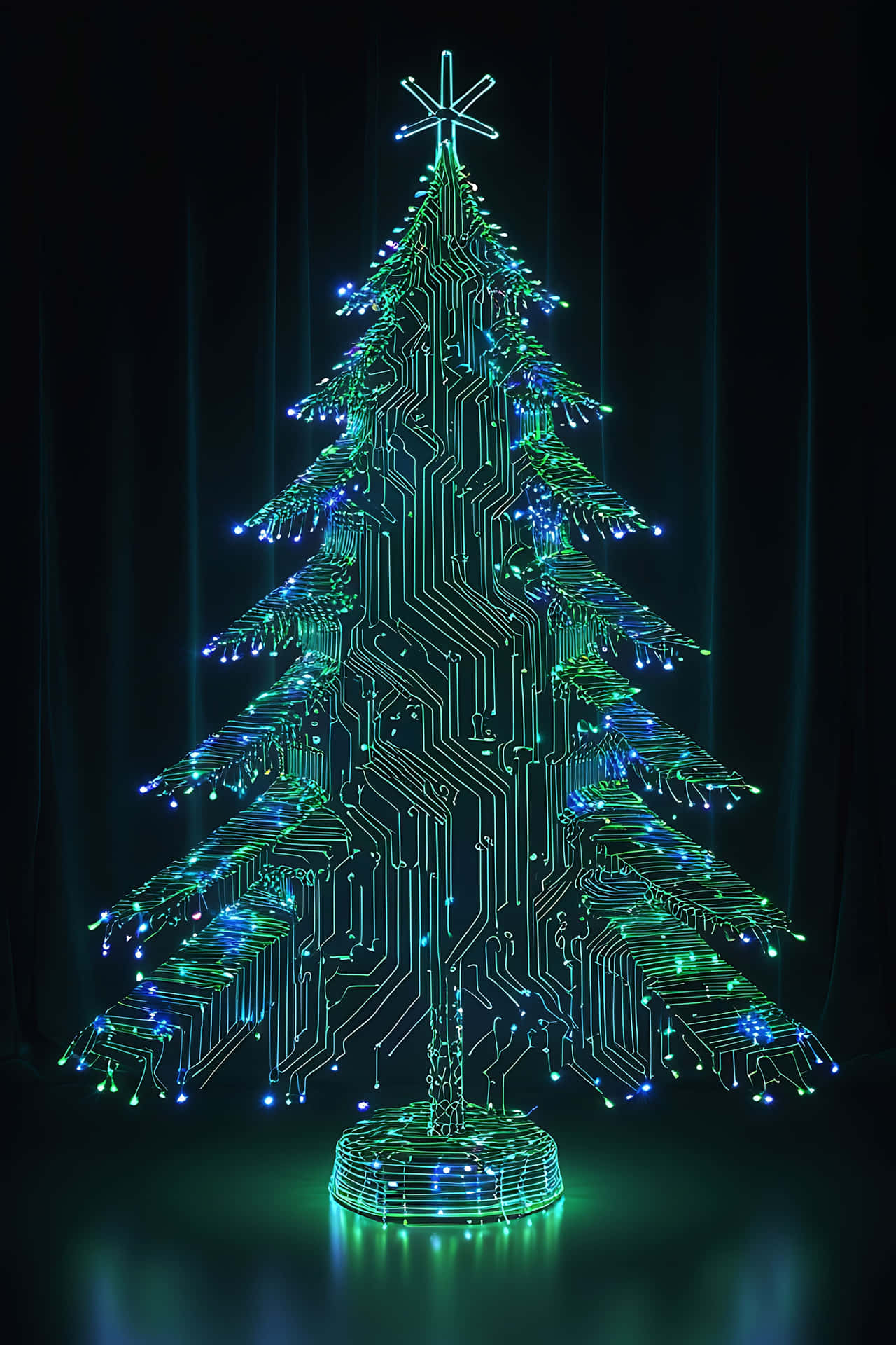 Digital christmas tree 壁紙 — 一個發光的綠色和藍色電路板聖誕樹，頂部有星星，立在深色窗簾前。
