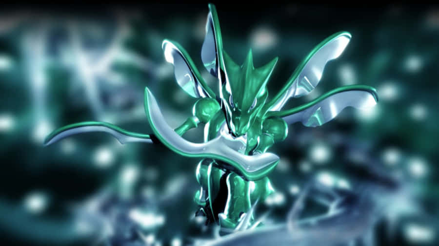 Scyther 桌布 壁紙 — 一個發光的綠色和銀色龍狀生物，擁有流動的翅膀和鋒利的尖刺，從模糊的藍綠色和白色背景中浮現。