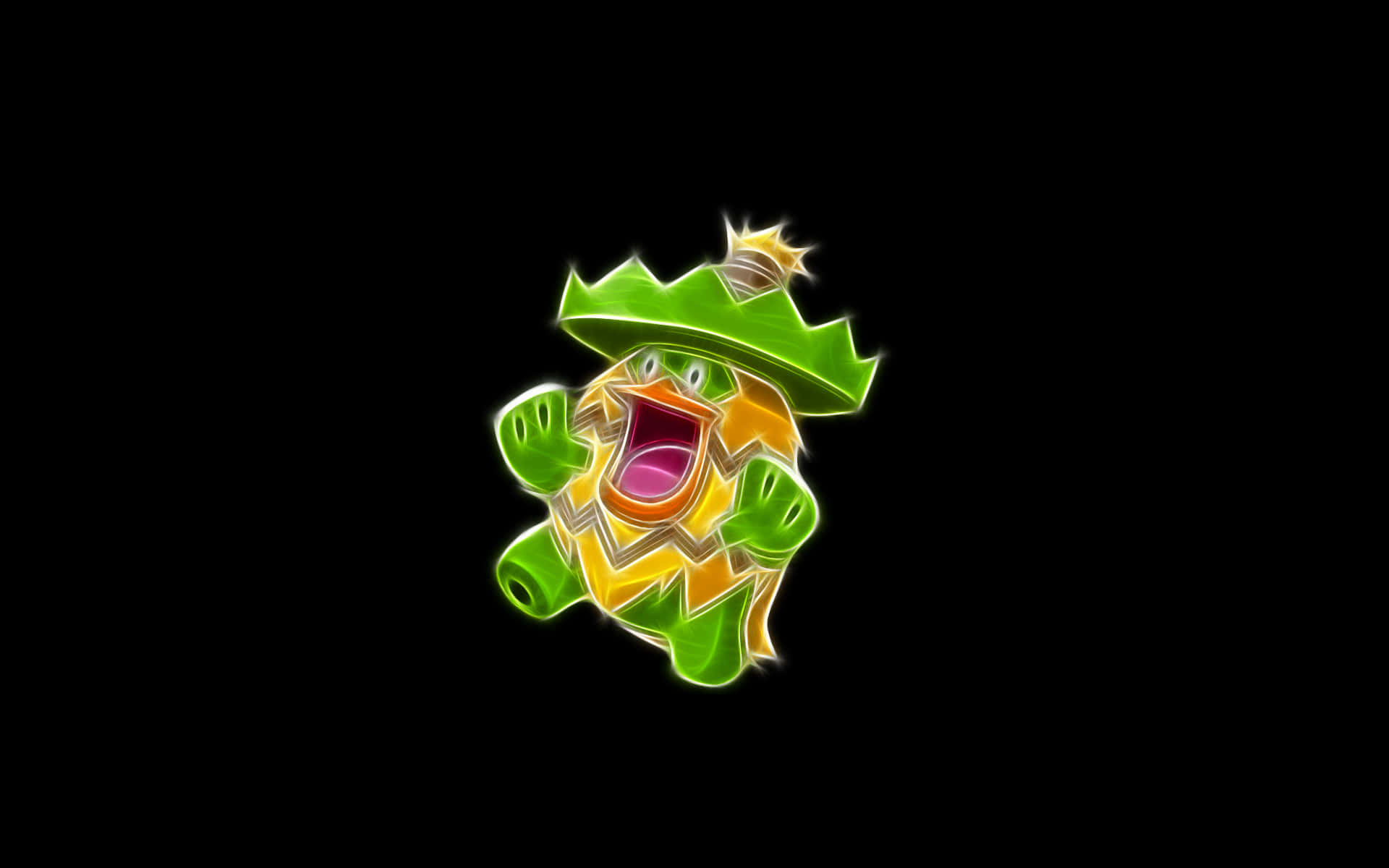 Pokemon Aesthetic 桌布 壁紙 — 一個發光的綠色和黃色卡通生物戴著皇冠，對著黑色背景大喊。