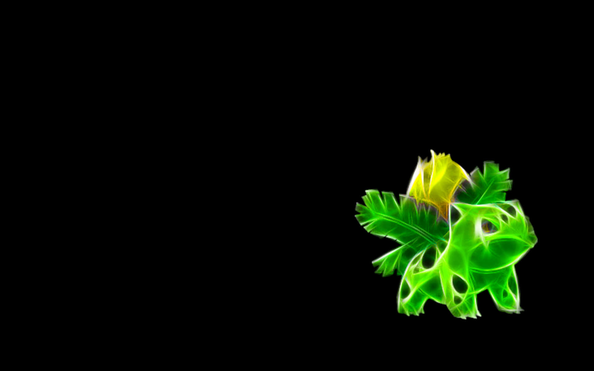 動漫 桌布 壁紙 — 一個發光的綠色和黃色碎形植物狀生物在純黑色背景下脈動。