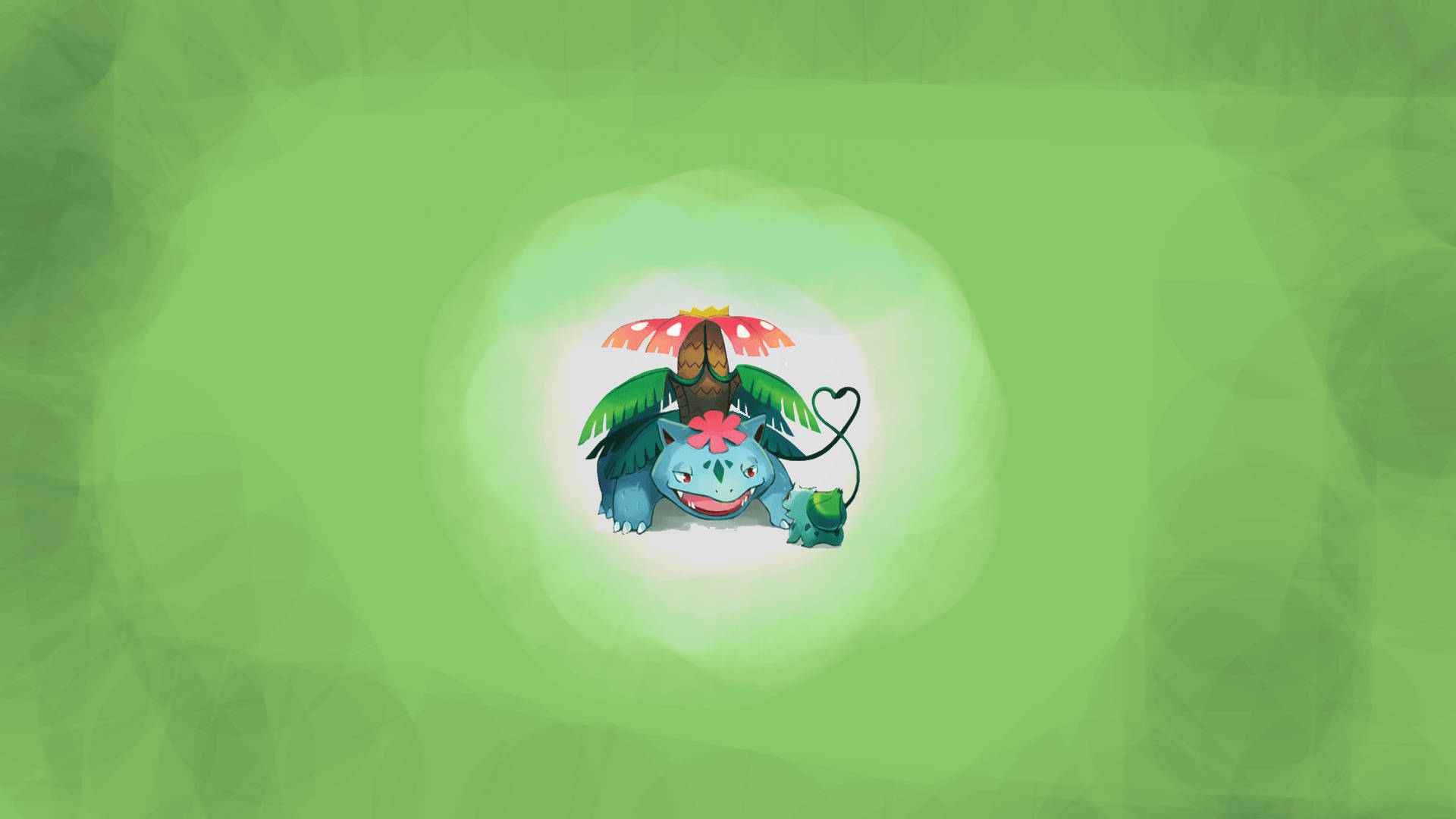 妙蛙種子 桌布 壁紙 — 一個發光的綠色圓圈在柔和的綠色漸變背景上突出了三個寶可夢角色。