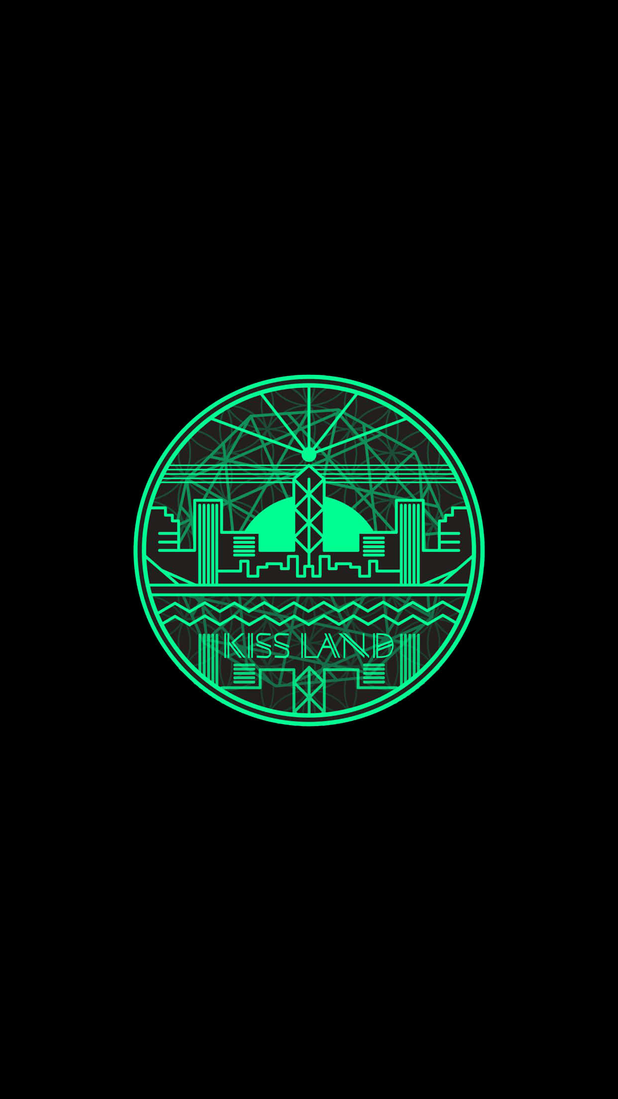 桌布 壁紙 — 一個發光的綠色圓形標誌，帶有風格化的城市景觀和「KISS LAND」文字，背景為黑色。