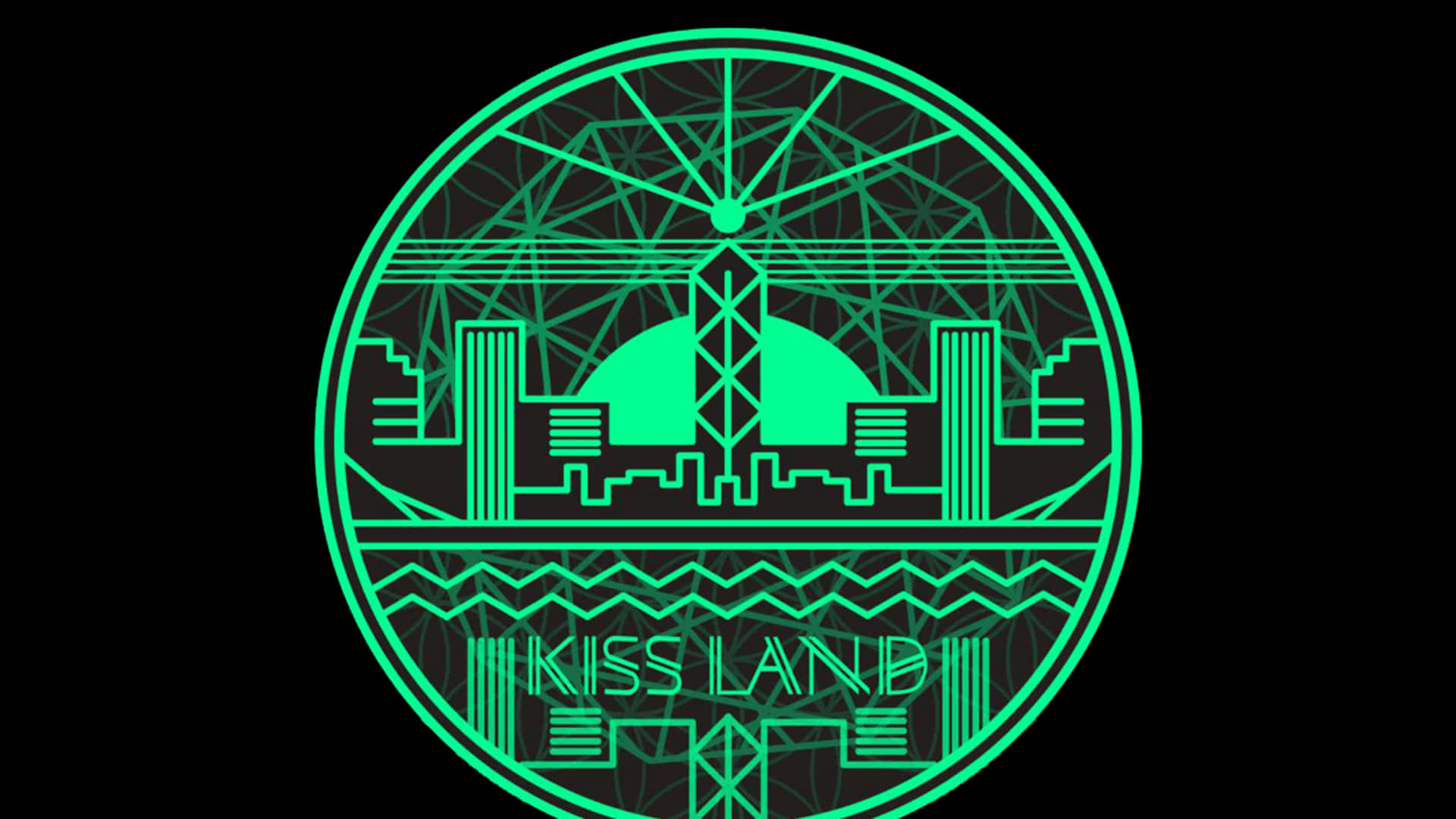 綠色霓虹燈裝飾藝術標誌，帶有城市景觀和文字 Kiss Land，背景為黑色。 — 威肯 GIF 壁紙