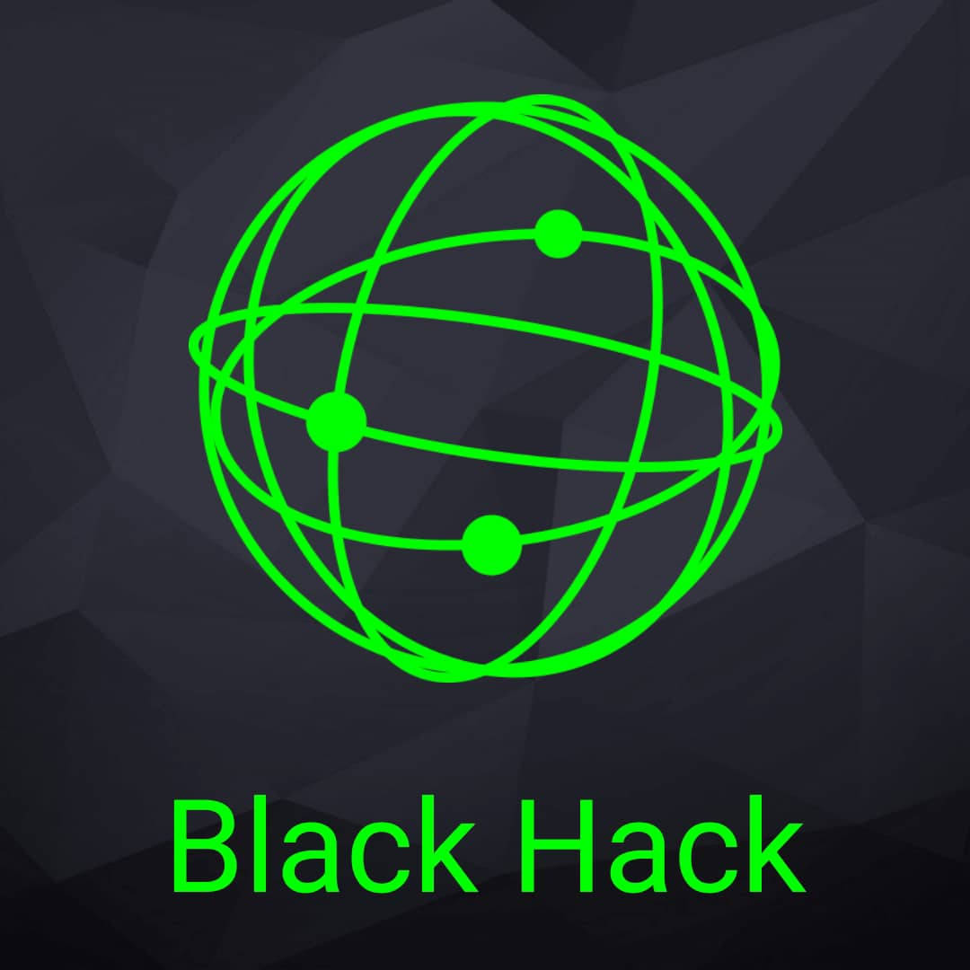 Black Page 桌布 壁紙 — 一個發光的綠色地球儀，帶有連接的點和線，置於深色幾何背景上，並帶有 'Black Hack' 文字。