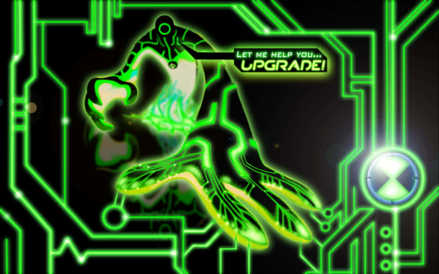 Ben 10 桌布 壁紙 — 一個發光的綠色外星人形象，帶有電路圖案，在黑色背景上的霓虹數位線條中漂浮。