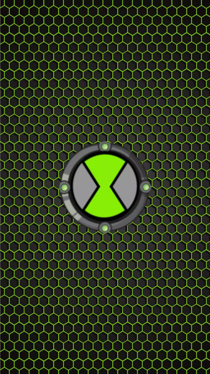 Ben 10 Omnitrix 桌布 壁紙 — 一個發光的綠色外星人符號，居中於黑色六邊形網格背景上。