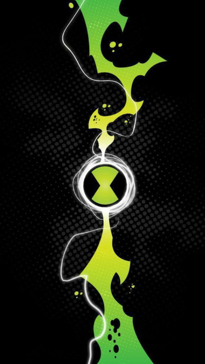 Ben 10 桌布 壁紙 — 一個發光的綠色外星人符號在帶有白色輪廓的黑色半色調背景上垂直流動。