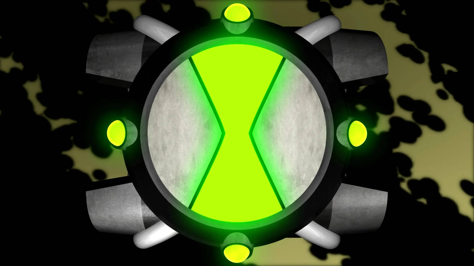 Ben 10 Omnitrix 桌布 壁紙 — 一個發光的綠色外星人變身裝置，帶有金屬手臂和燈光，背景為深色抽象。