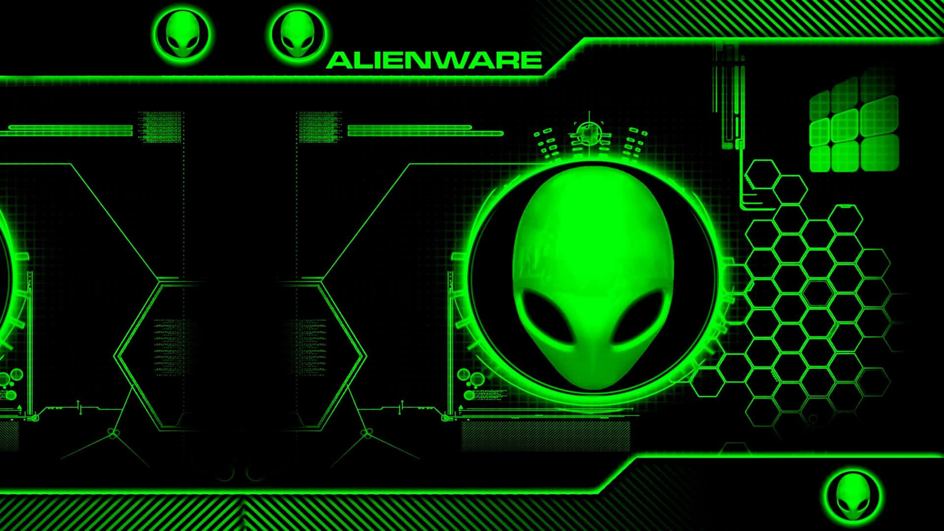 外星人 桌布 壁紙 — 一個發光的綠色外星人頭部，位於帶有六邊形圖案和Alienware品牌的未來數位介面中央。