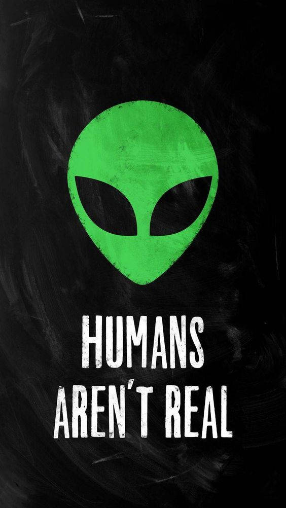 Cool Alien 桌布 壁紙 — 一個發光的綠色外星人頭顱，黑色眼睛，凝視著帶有紋理的黑色背景，上面有粗體白色文字宣稱人類不是真實的。