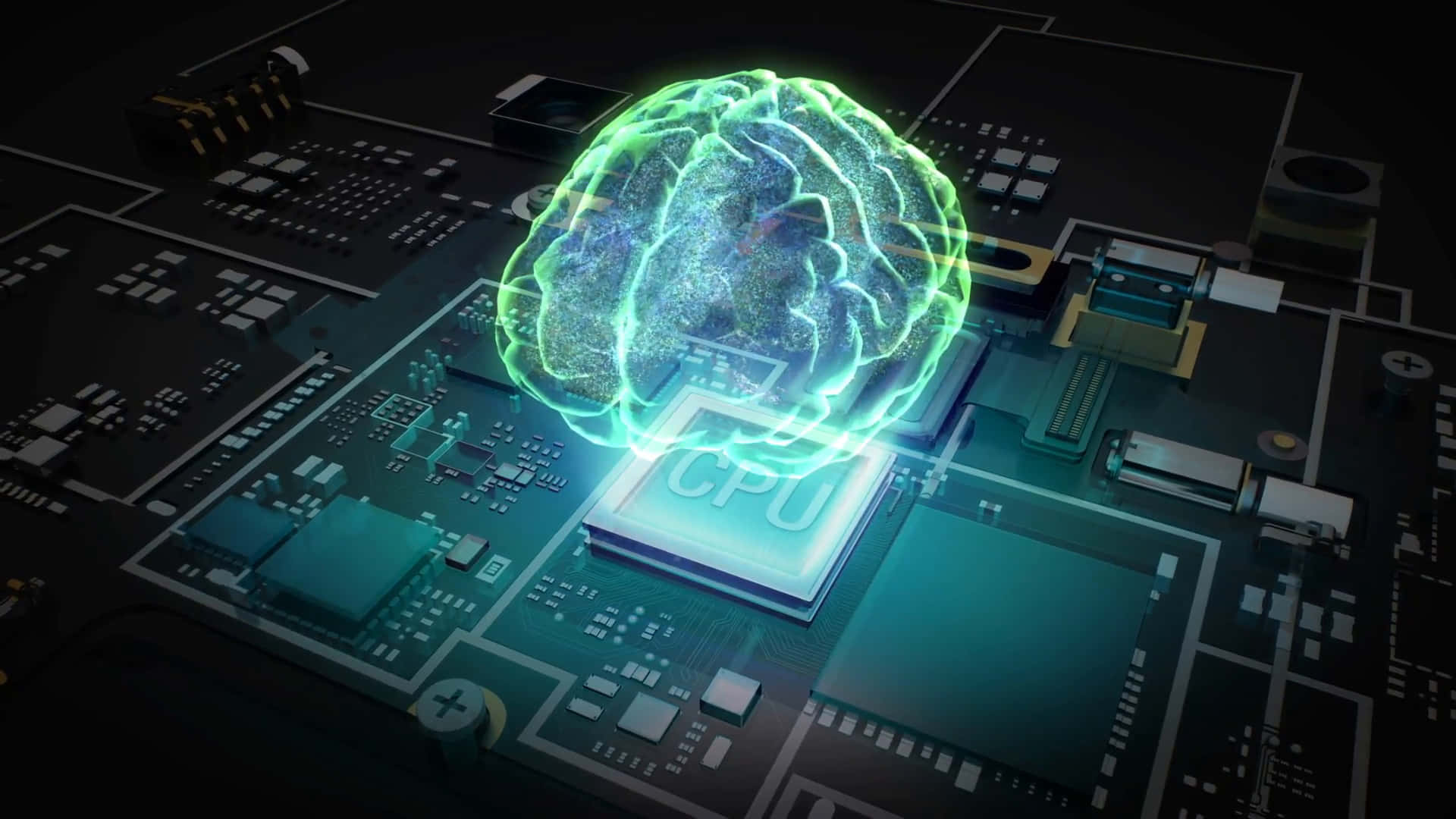AI 桌布 壁紙 — 一個發光的綠色大腦懸浮在電路板上的CPU上方，帶有霓虹藍和黑色科技燈光。