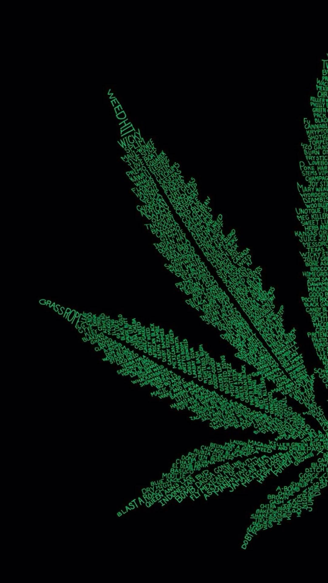 綠色大麻葉由文字單詞在黑色背景上製成。 — 大麻 壁紙