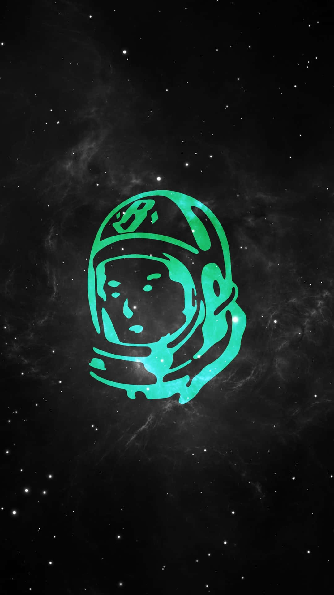 dope iPhone 桌布 壁紙 — 一個發光的綠色太空人頭盔在星雲點綴的星空宇宙背景中漂浮。
