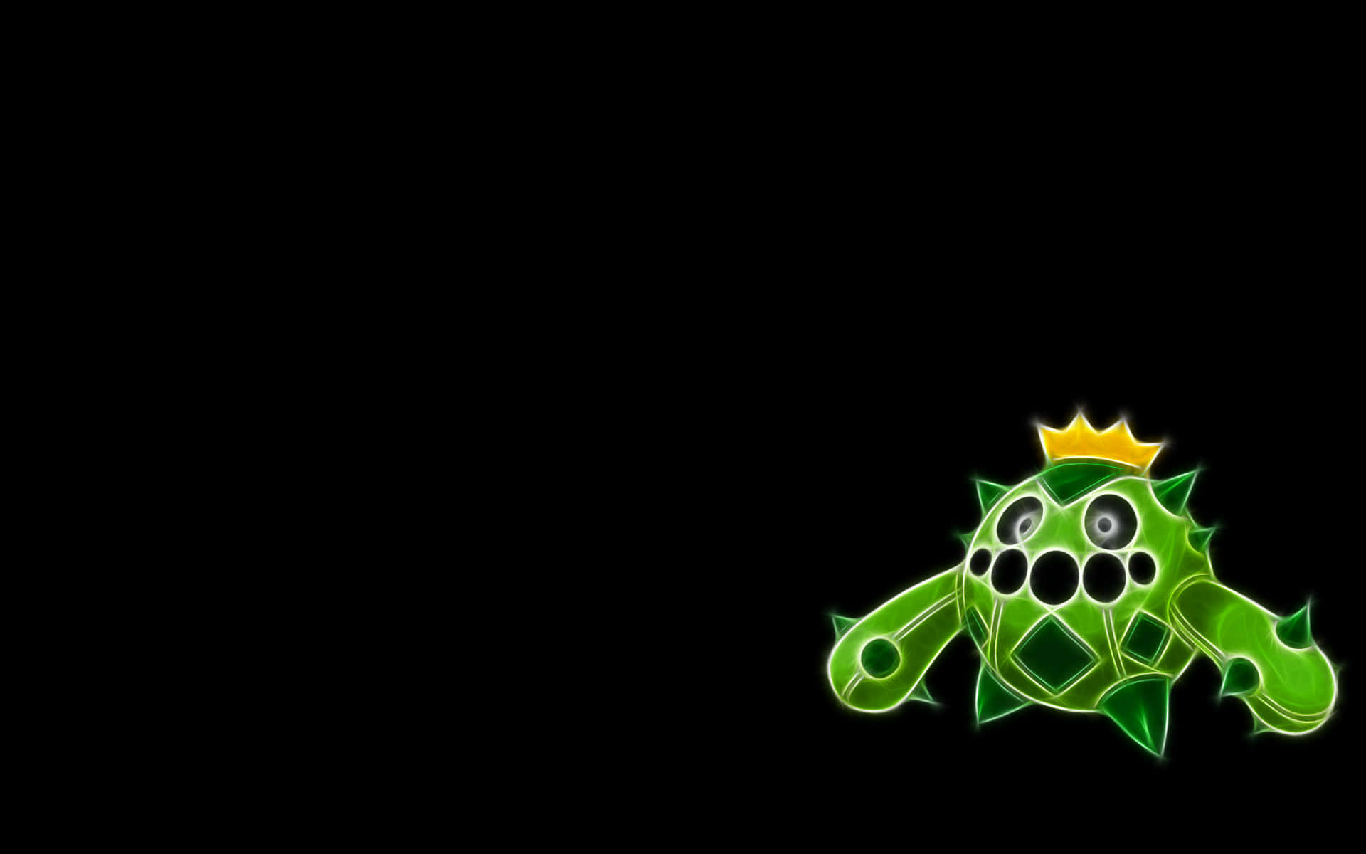 Cacnea 桌布 壁紙 — 一個發光的綠色尖刺生物戴著黃色皇冠，在黑色背景上發光。