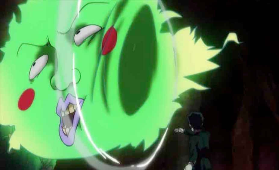 Mob Psycho 100 Ekubo 桌布 壁紙 — 一個發光的綠色巨型動畫怪物，有紅色臉頰和尖牙，對著一個細小的黑色身影咆哮。
