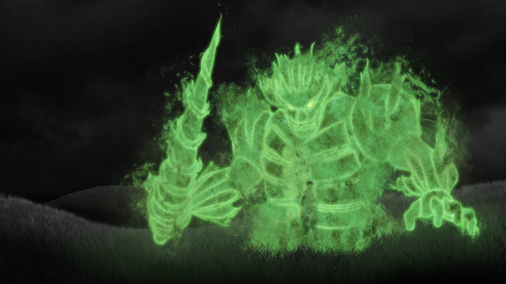 Shisui Uchiha 桌布 壁紙 — 一個發光的綠色幽靈戰士手持鋸齒劍，從暴風雨夜空下的暗草中出現。