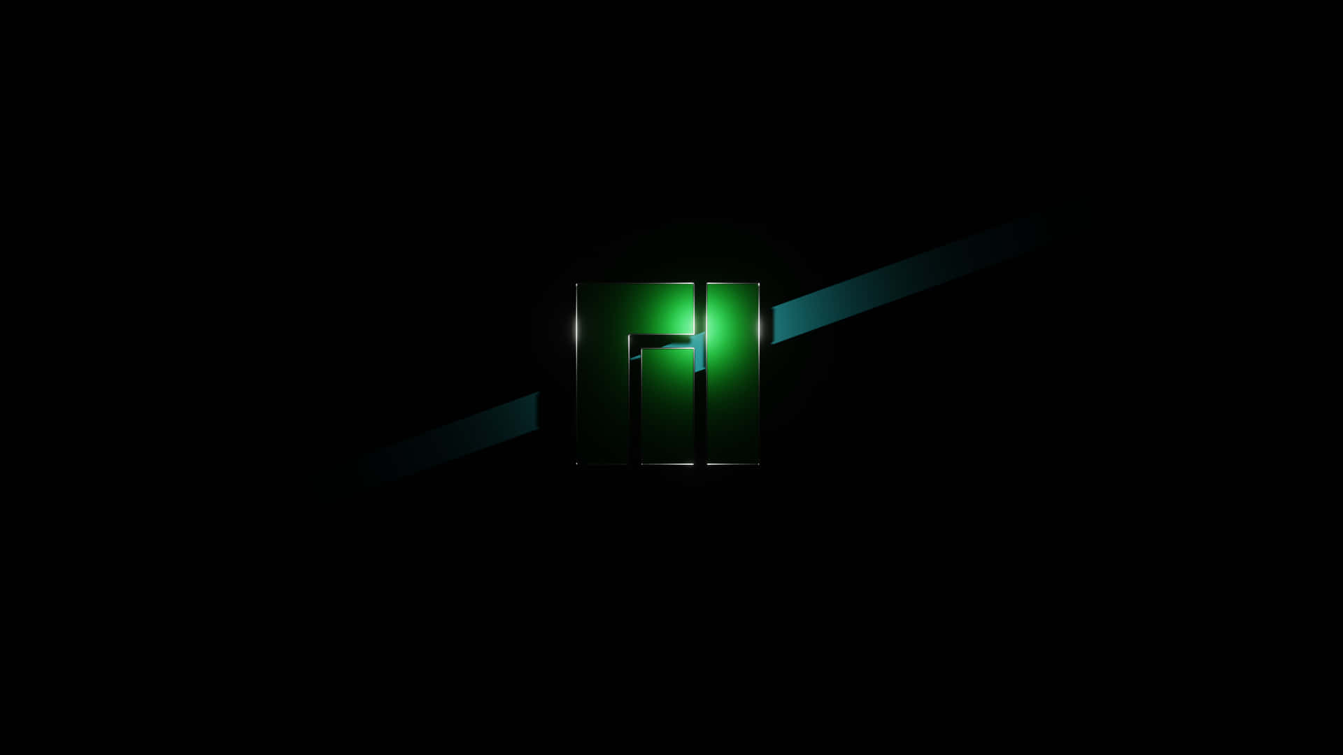 Manjaro 桌布 壁紙 — 一個發光的綠色幾何標誌置於黑暗中央，光線向外輻射。