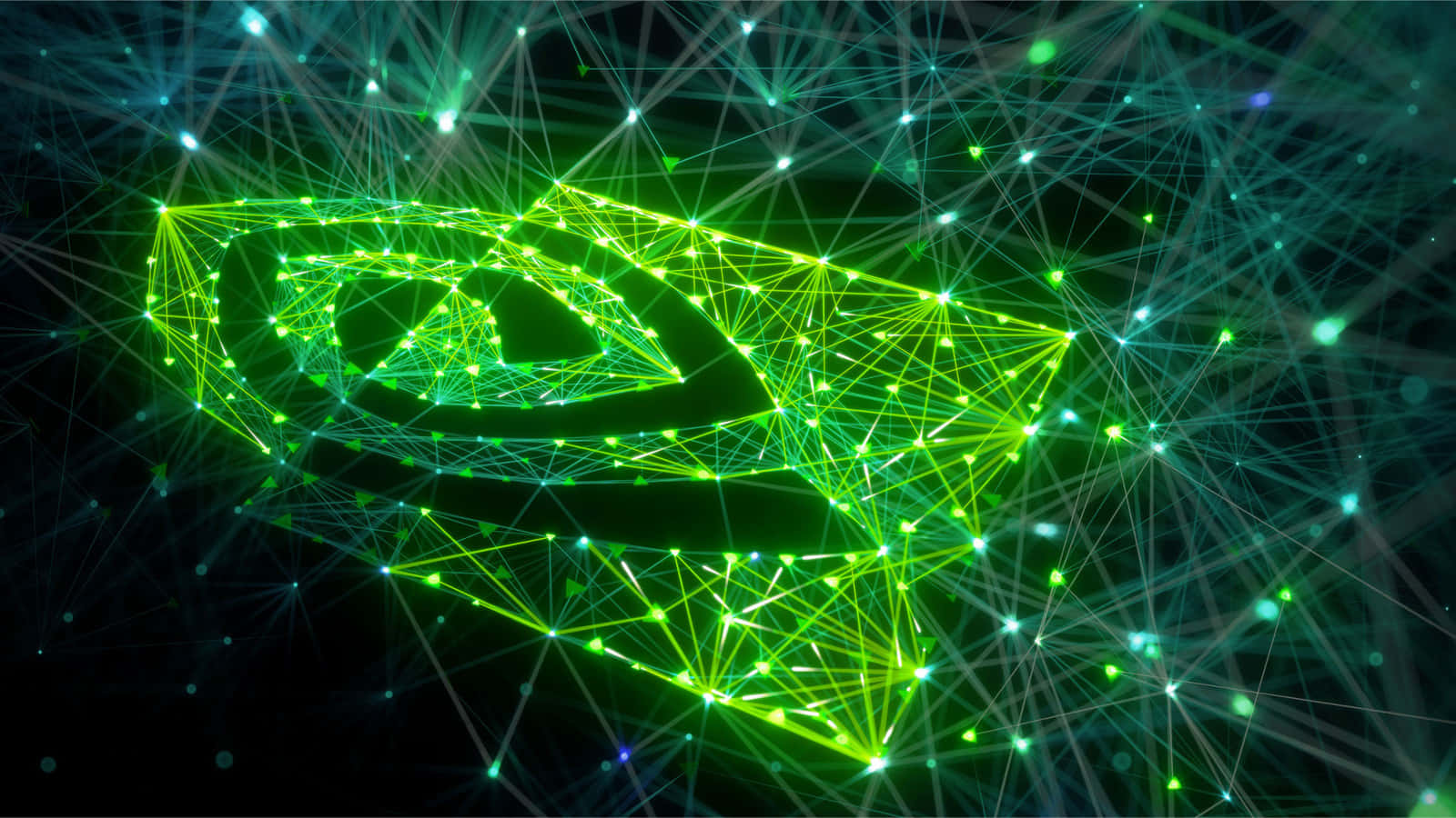nvidia 桌布 壁紙 — 一個發光的綠色幾何眼睛標誌，由相互連接的點和線組成，背景為深色，帶有散落的光粒子。