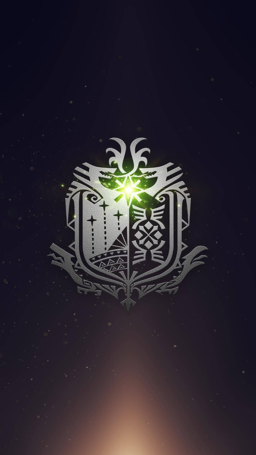 monster hunter iPhone 桌布 壁紙 — 一個發光的綠色徽章，帶有複雜的銀色圖案，在黑暗的宇宙背景中散發光芒，並帶有微妙的星塵。