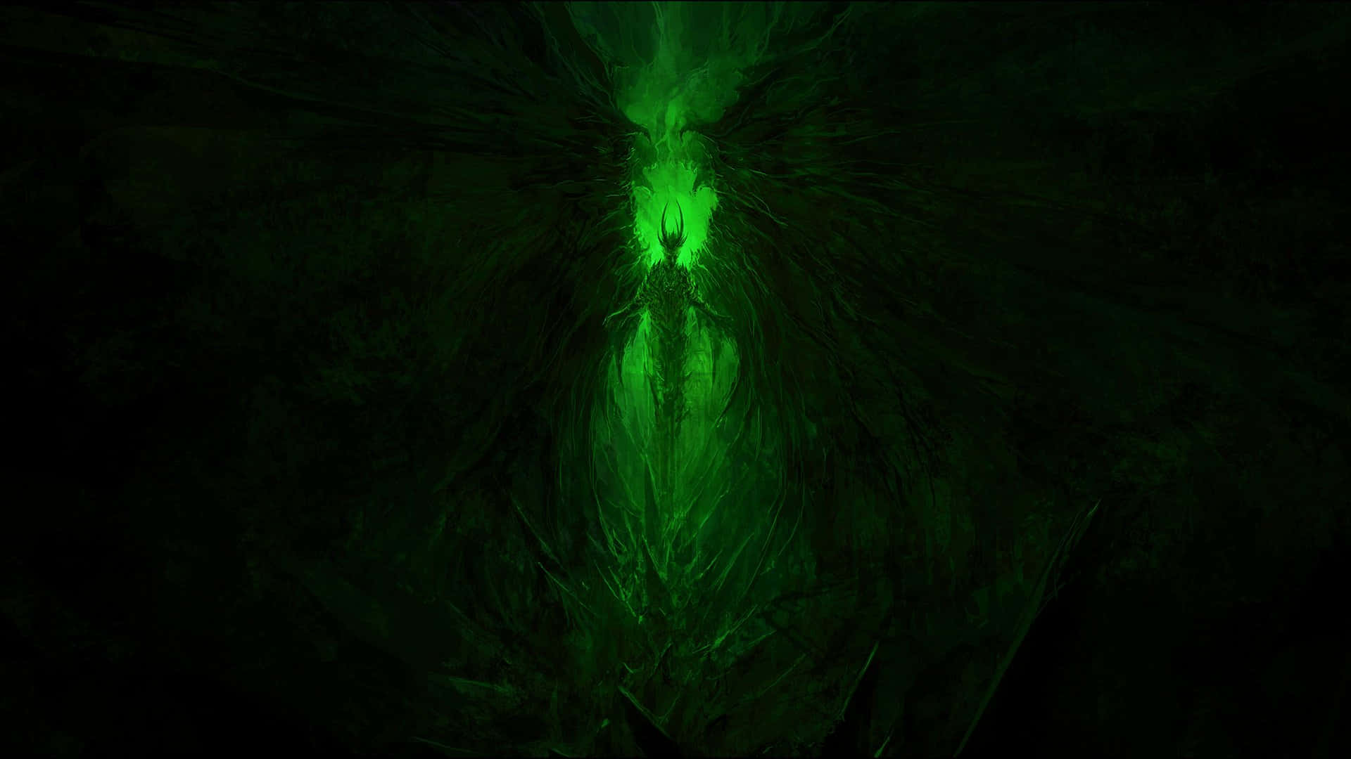 Spooky Halloween 桌布 壁紙 — 一個發光的綠色惡魔形象，擁有巨大的翅膀，從黑暗深淵中浮現，構成令人難忘的數位藝術作品。