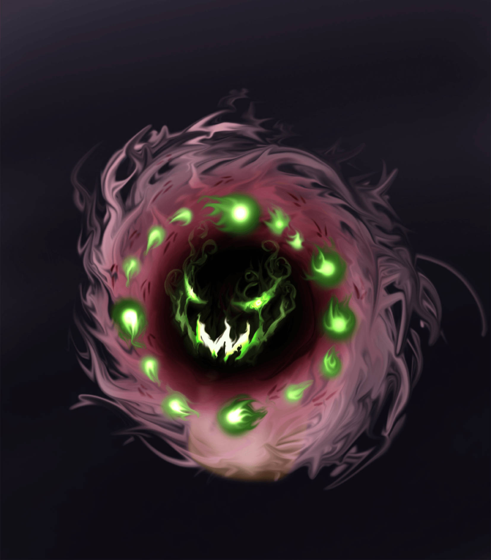 寶可夢 桌布 壁紙 — 一個發光的綠色惡魔面孔，帶有火熱的眼睛，從黑色背景上旋轉的深粉紅色煙霧漩渦中浮現。