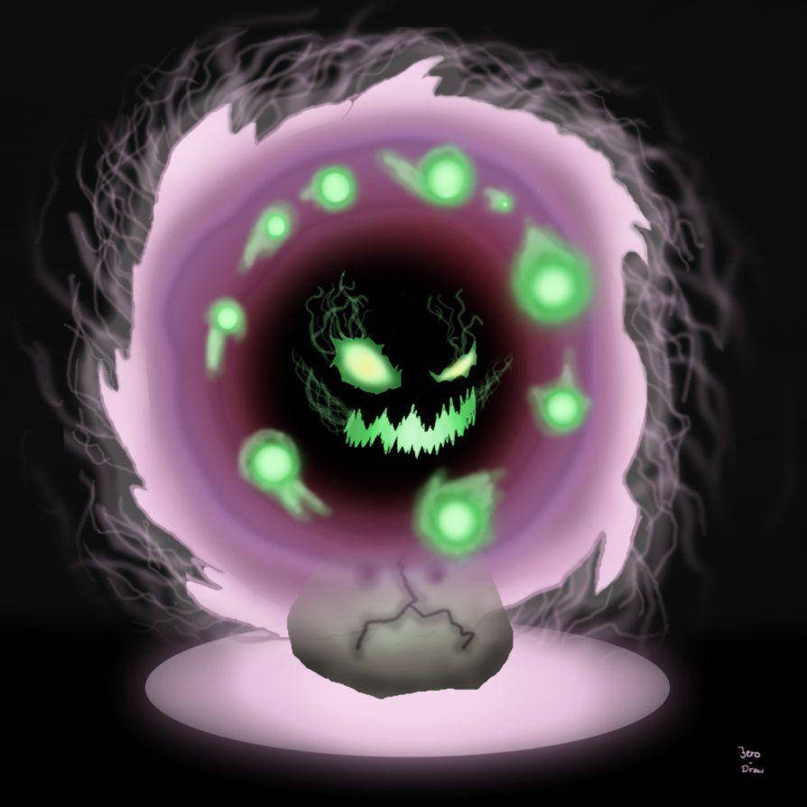 寶可夢 桌布 壁紙 — 一個發光的綠色惡魔面孔，帶有鋸齒狀牙齒和眼睛，從一個被漂浮球體包圍的旋轉紫色漩渦中浮現。
