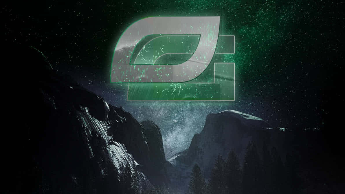 Optic Gaming 桌布 壁紙 — 一個發光的綠色抽象標誌懸浮在星空夜晚的山谷上，山谷中有積雪的山峰和松樹。