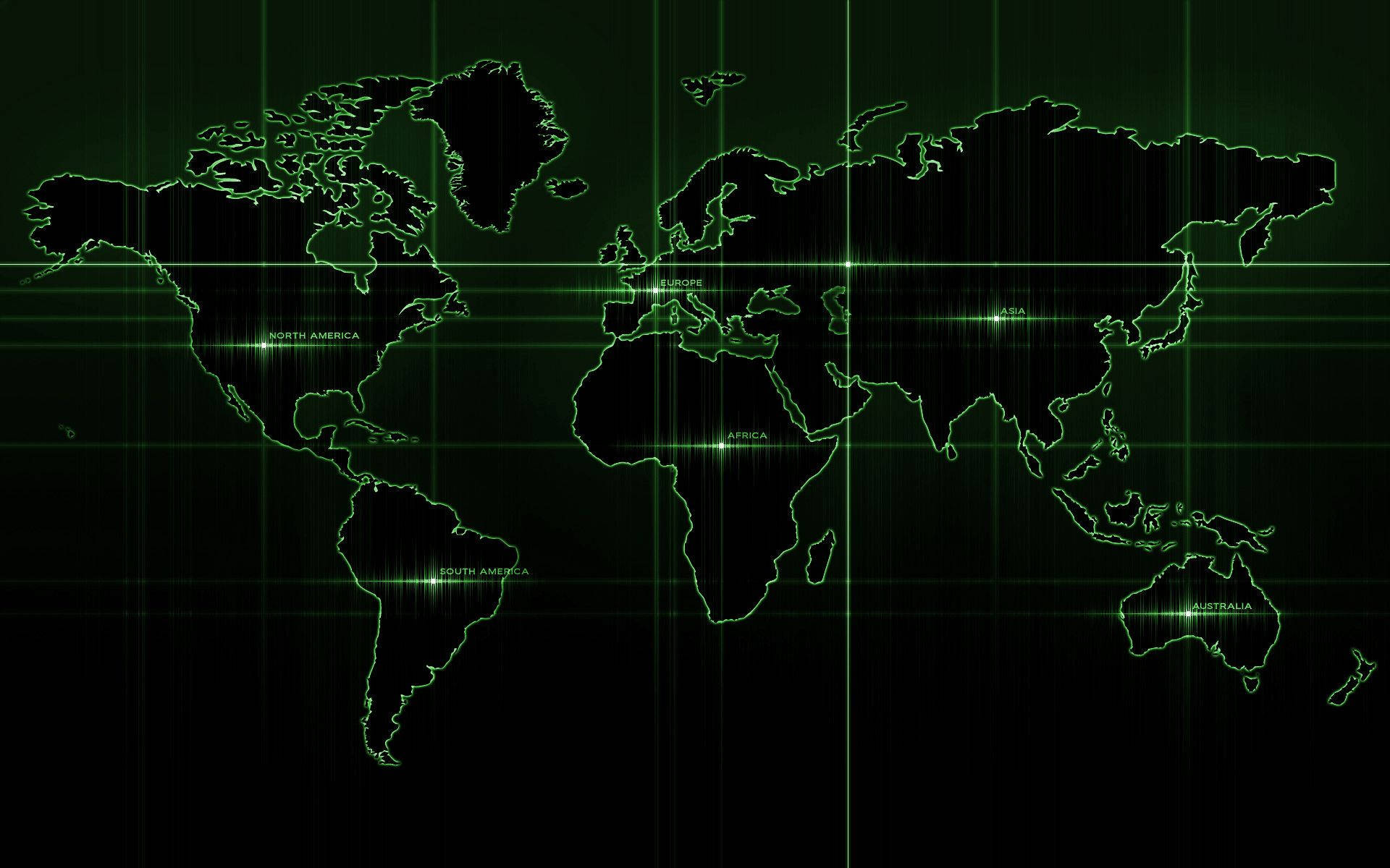 United States Map 桌布 壁紙 — 一個發光的綠色數位世界地圖，帶有網格線和標記的大陸，背景為黑色。